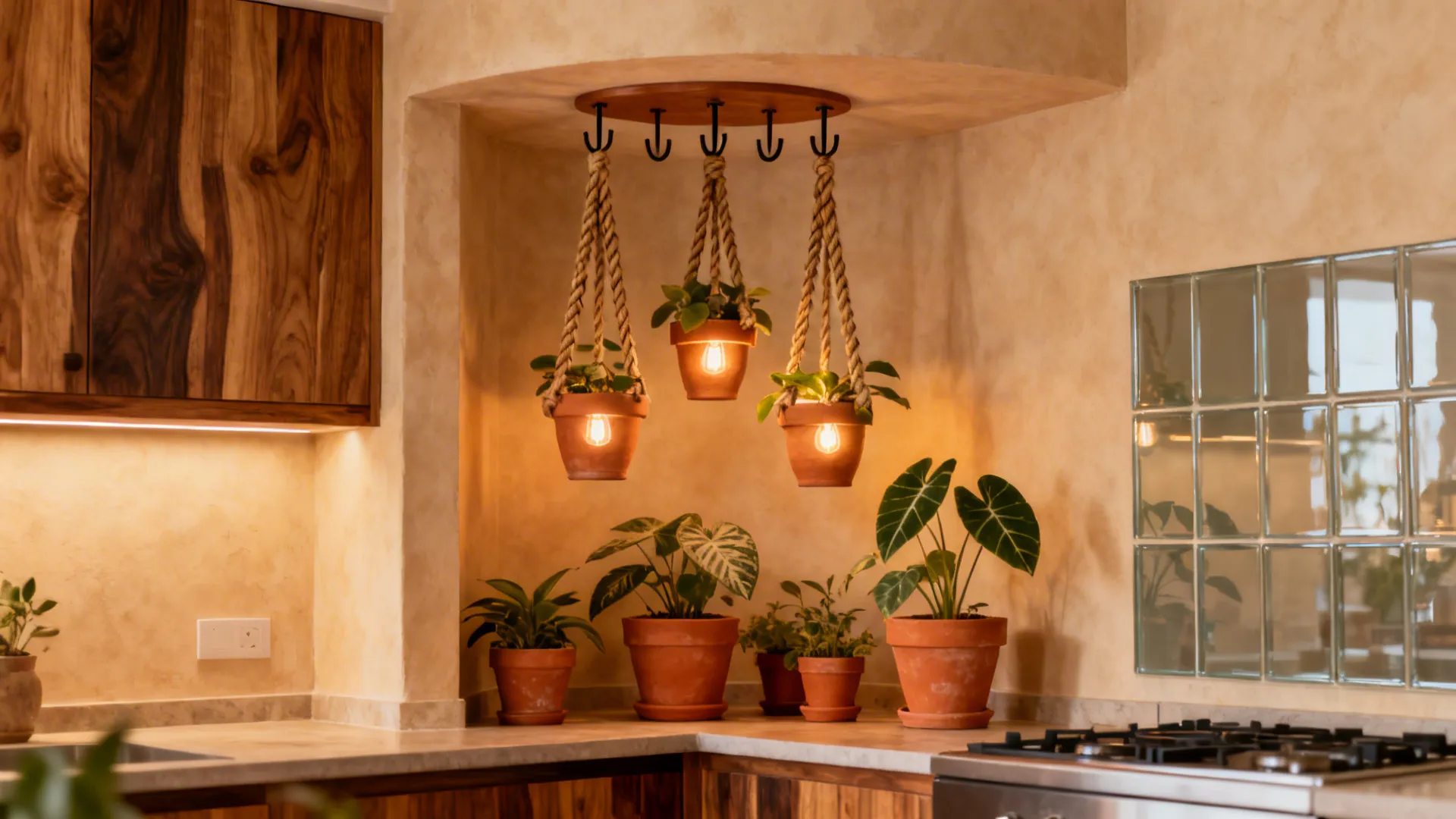 Corner niche with a sculptural cluster of terracotta hanging pots at staggered heights.