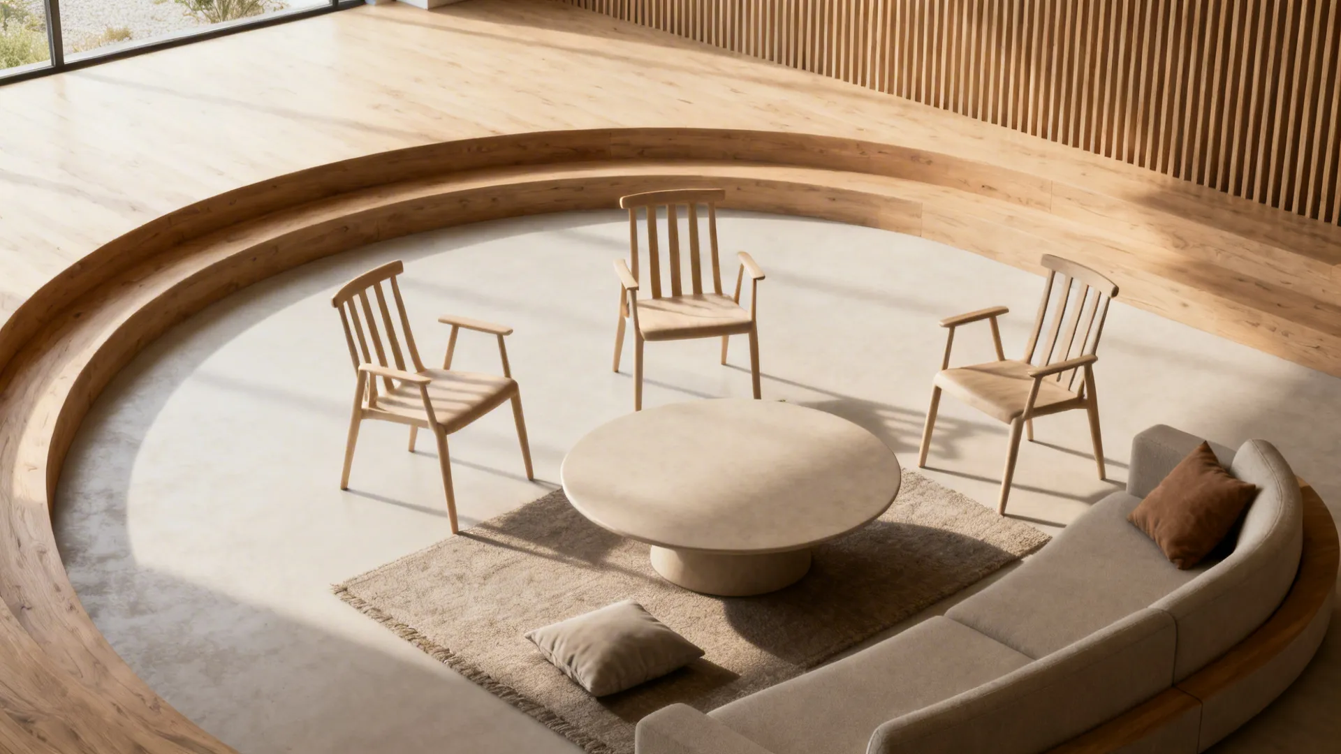 Modern living room featuring circular wooden steps three wooden chairs round table and a sofa