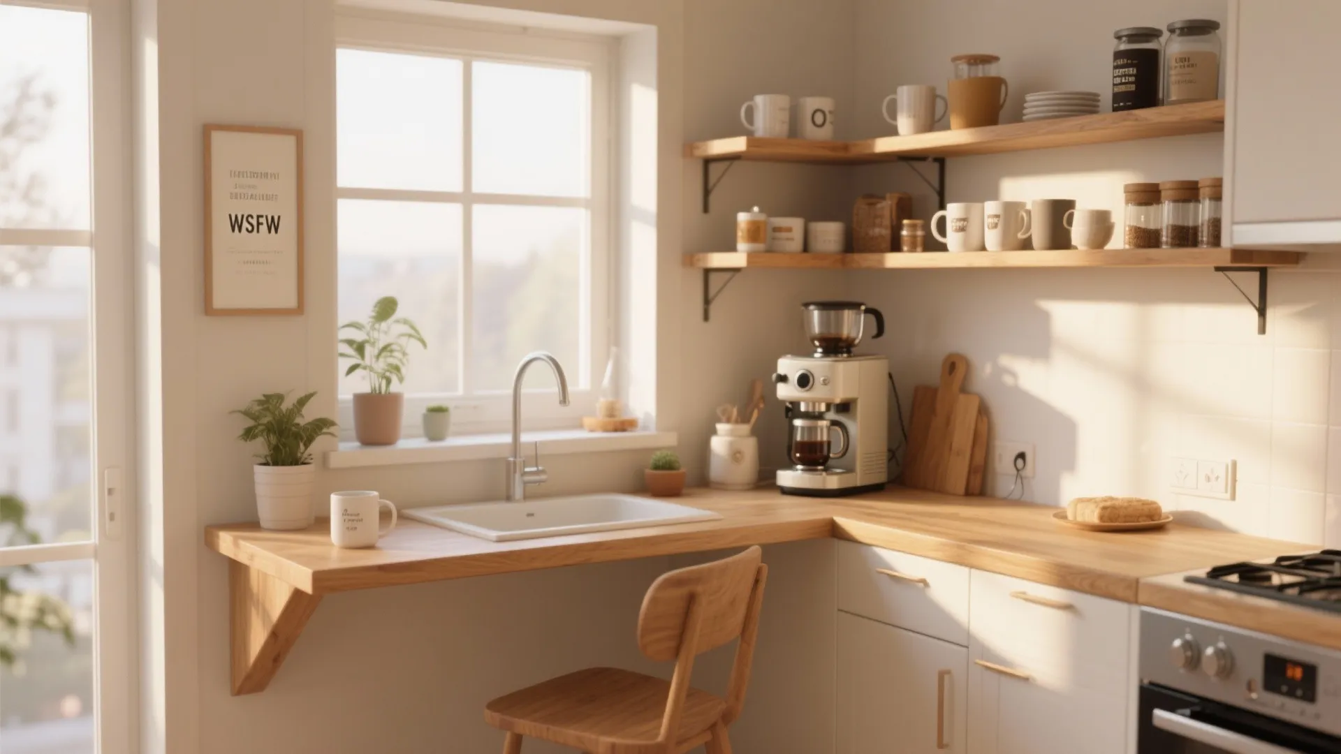 Modern kitchen corner with wood countertop sink coffee maker and open shelves with white mugs
