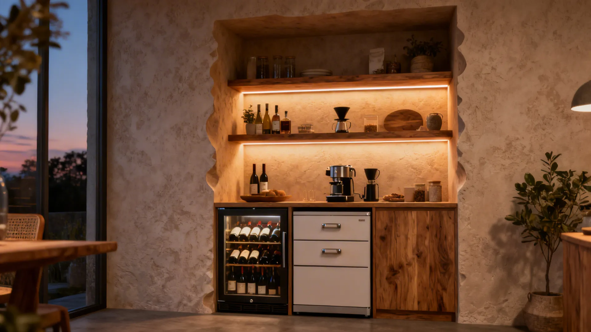Cozy corner niche with open shelving, fridge drawer, and LED under-shelf lighting.
