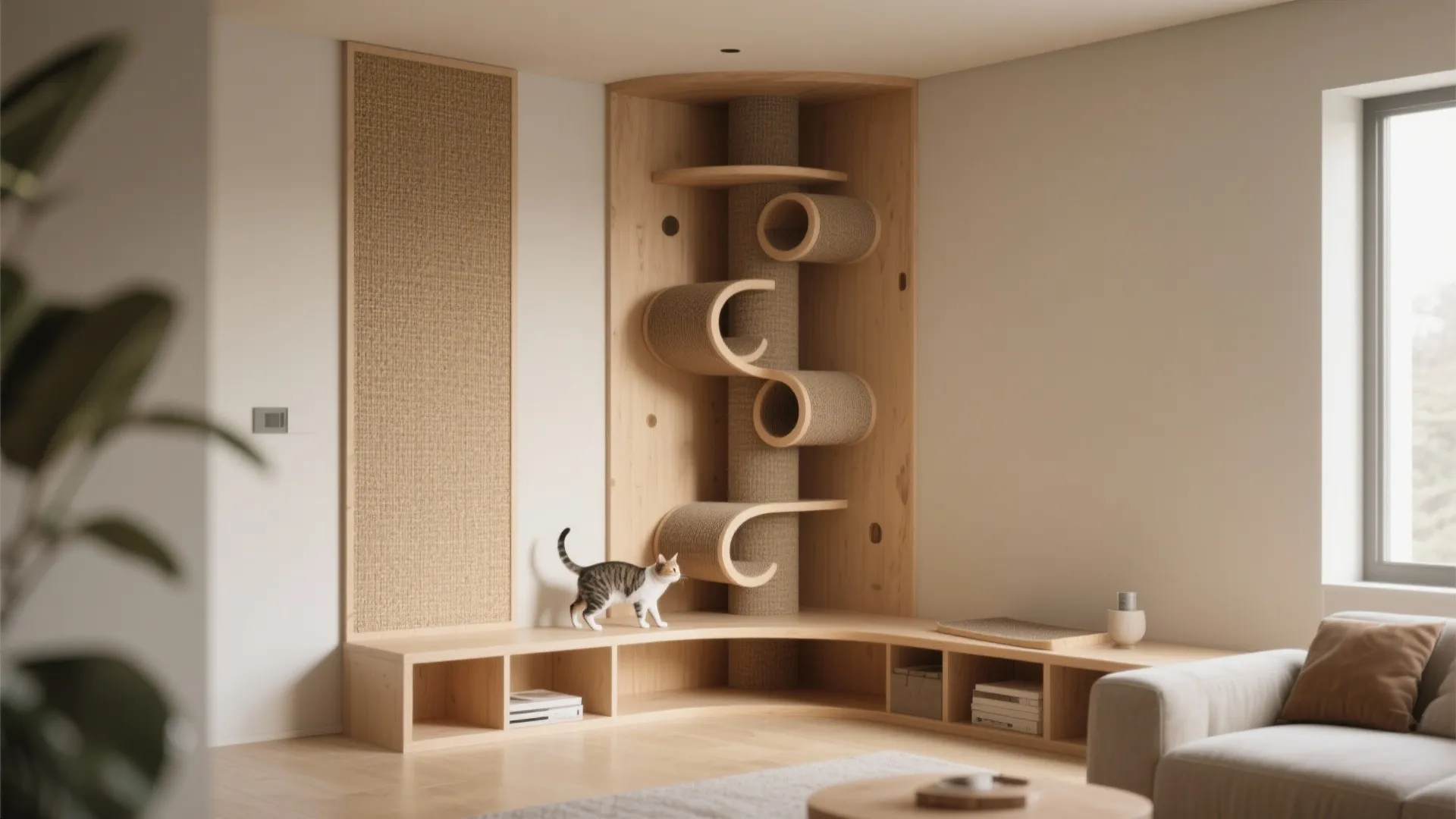 Built in wooden cat climbing corner unit with rounded shelves and a scratching wall panel