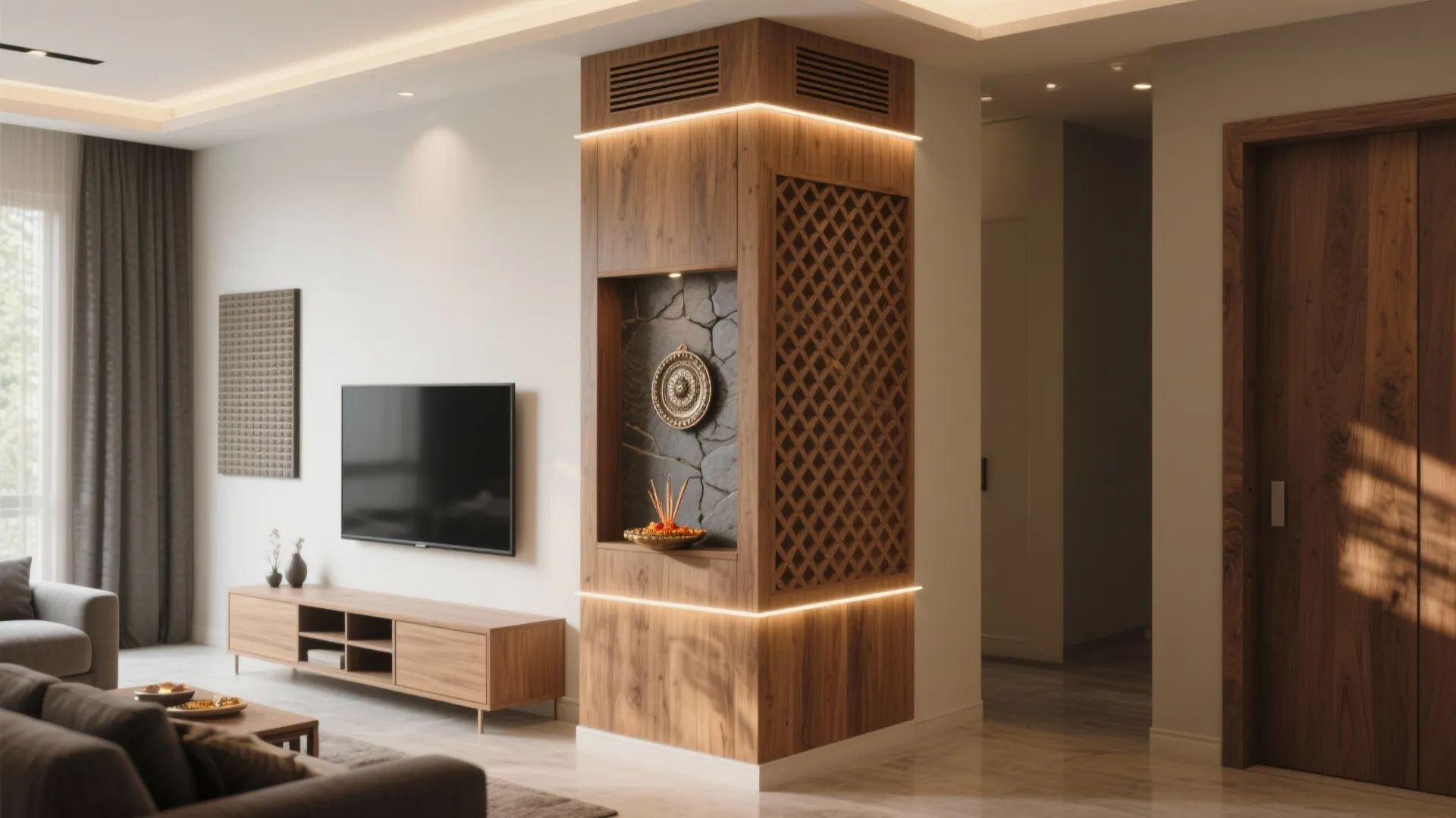 Corner Pooja Column + Wall-Mounted TV