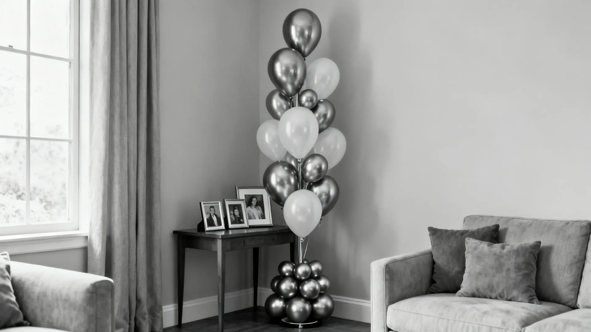 Black and white living room corner with balloon column next to table and grey sofa