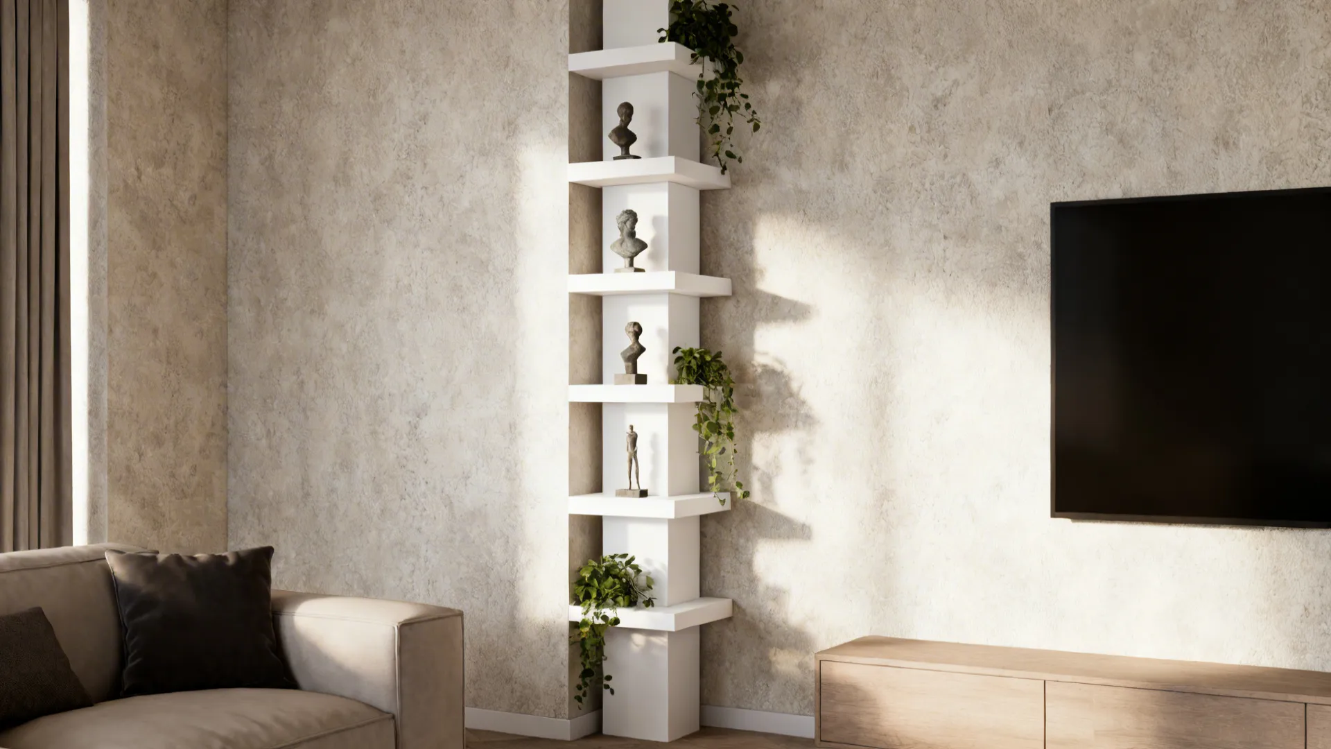 Tall white corner shelf unit with small statues and plants next to a large black TV