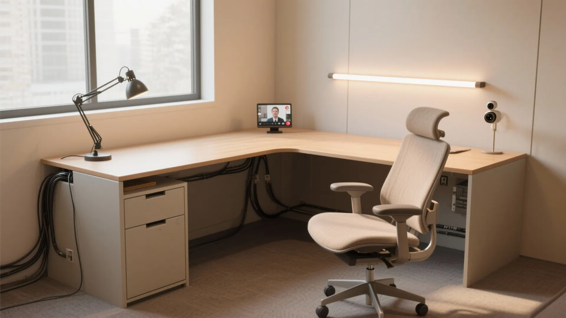 L-shaped corner desk with cable channels, filing drawer, and corner lighting for video calls