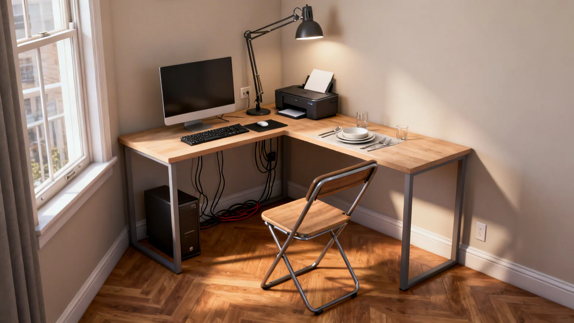 L-shaped desk in a corner serving as a workspace and dining console with a wall task lamp.
