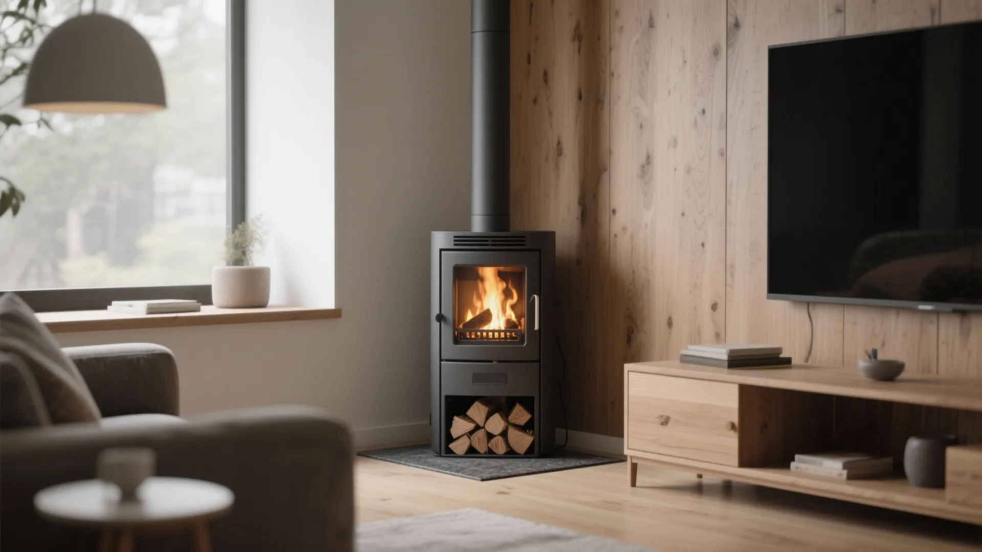 Modern black wood stove in living room with wood wall panel and large television screen