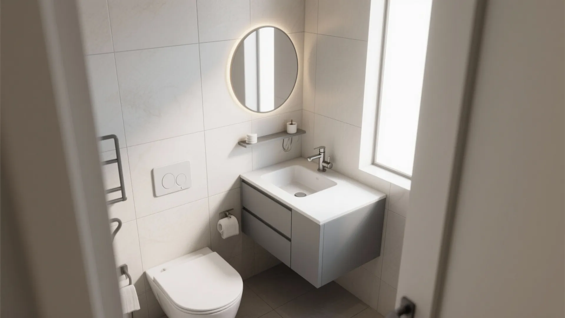 4. Compact corner light gray vanity for micro bathrooms