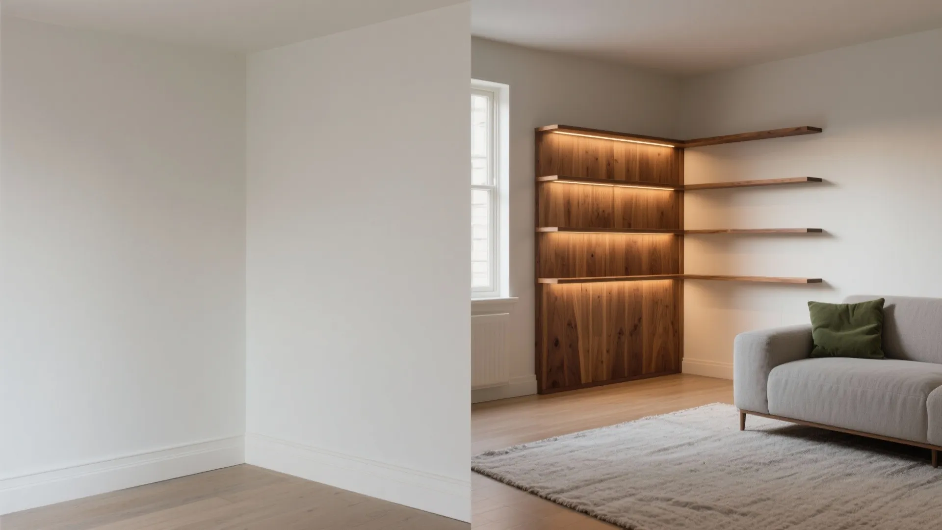Before and after comparison of an empty white wall versus a modern living room corner