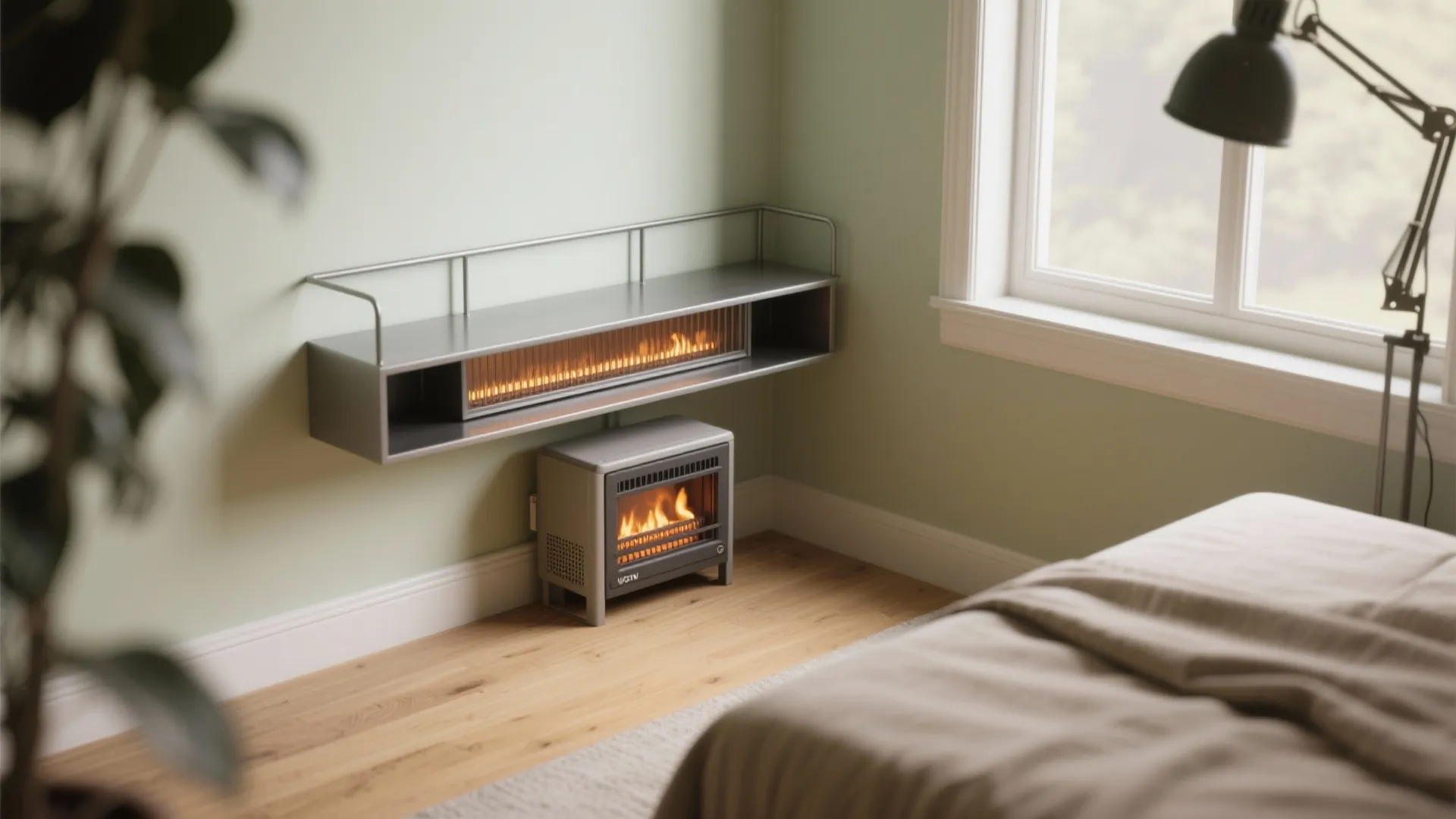 Modern bedroom corner featuring a wall mounted shelf with electric fireplace and a floor heater