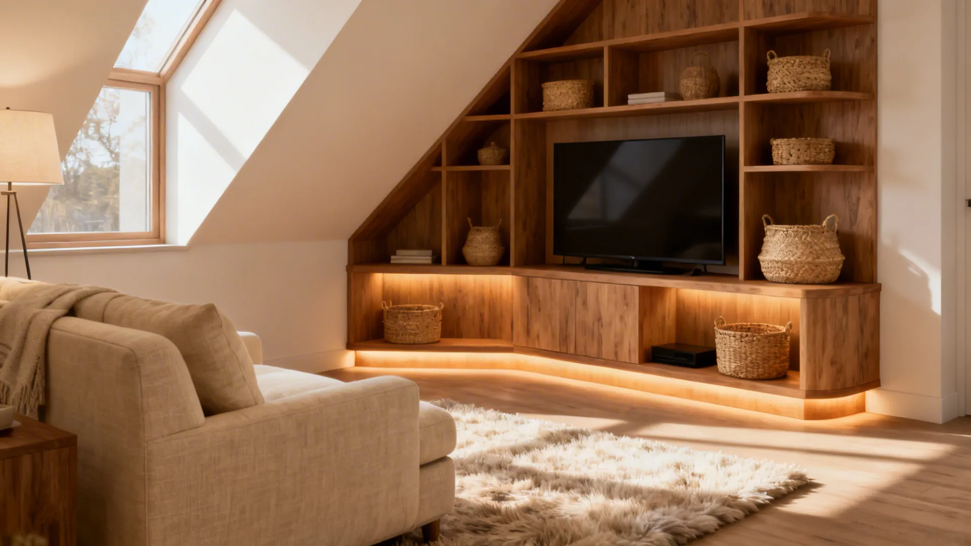 Corner TV console custom-fitted into an angled wall, creating a cozy media nook.