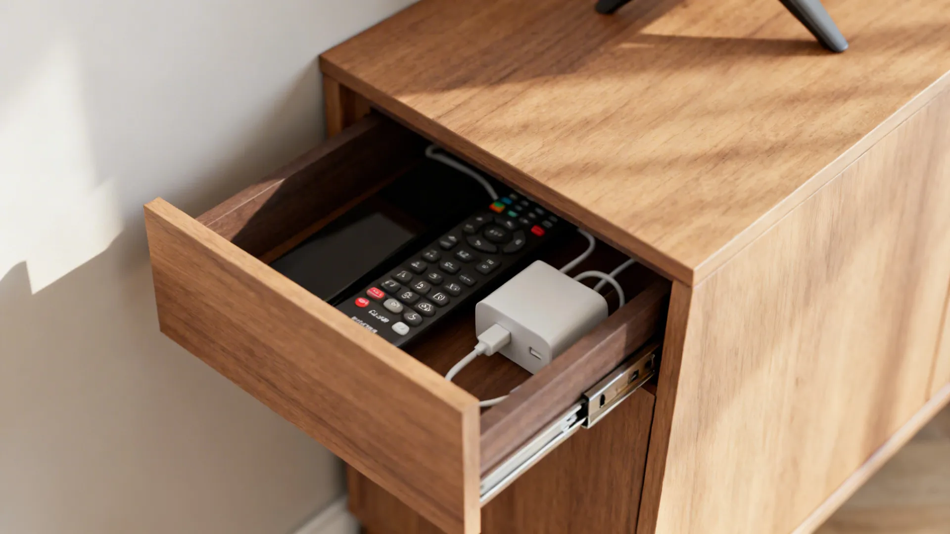 Open wooden cabinet drawer containing a black remote control and white power adapter with cables