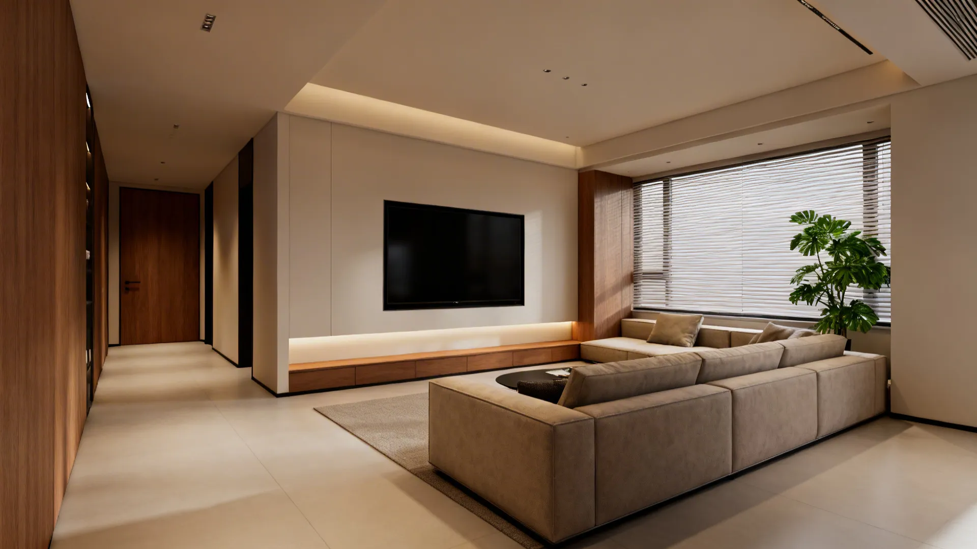 Corner-focused L-shaped living room with wall-mounted TV and sectional creating a conversation nook