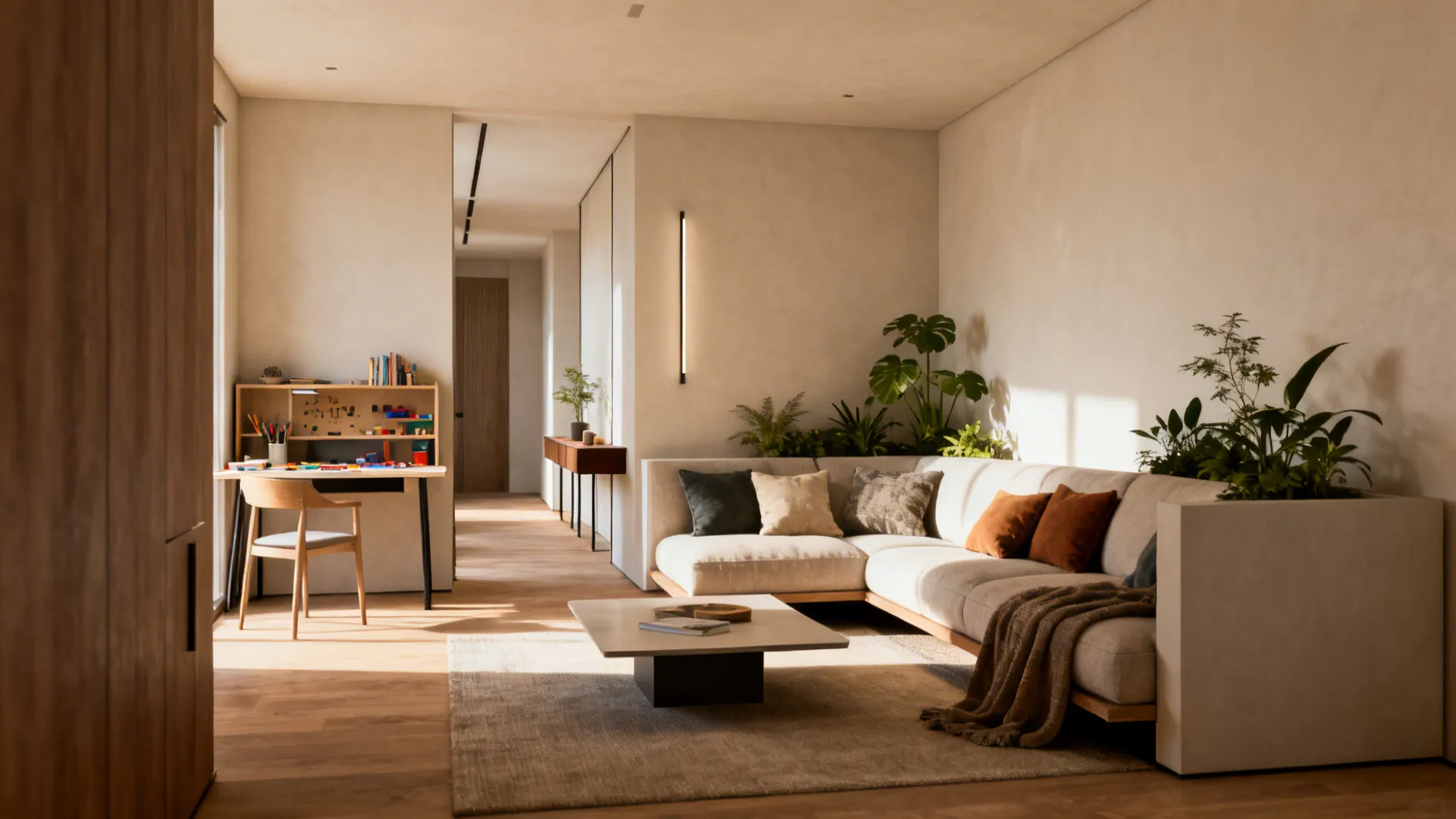 Cozy corner conversation cluster with L-shaped sectional and floating table, leaving open pathway and curated negative space.