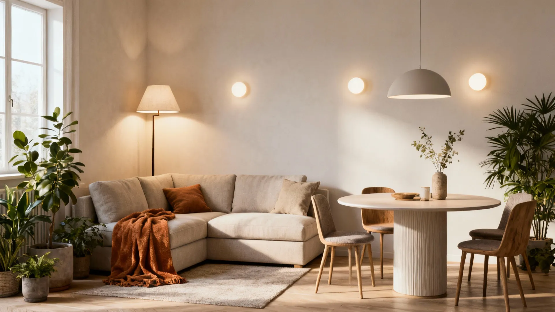 Corner seating nook with round dining table and layered lighting in a small open living space