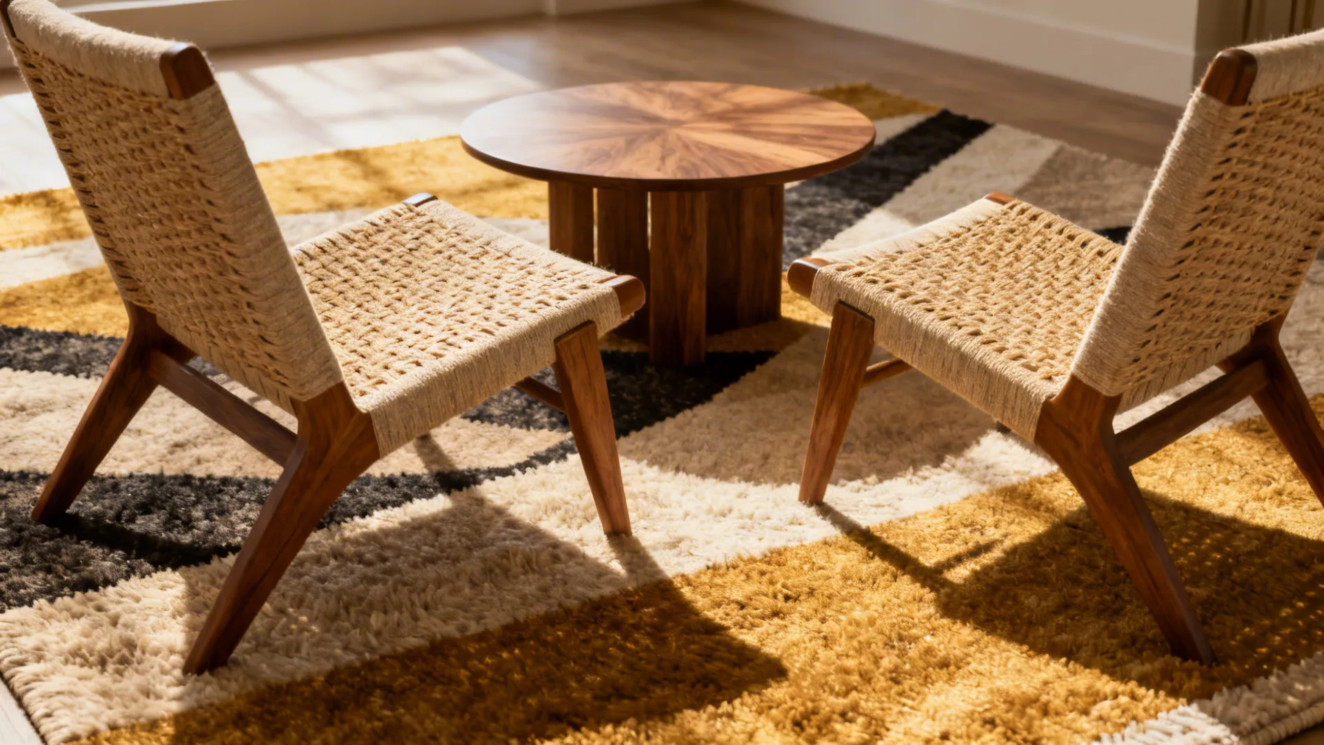 Two armless chairs angled around a small coffee table on a diagonal rug forming an intimate corner nook.