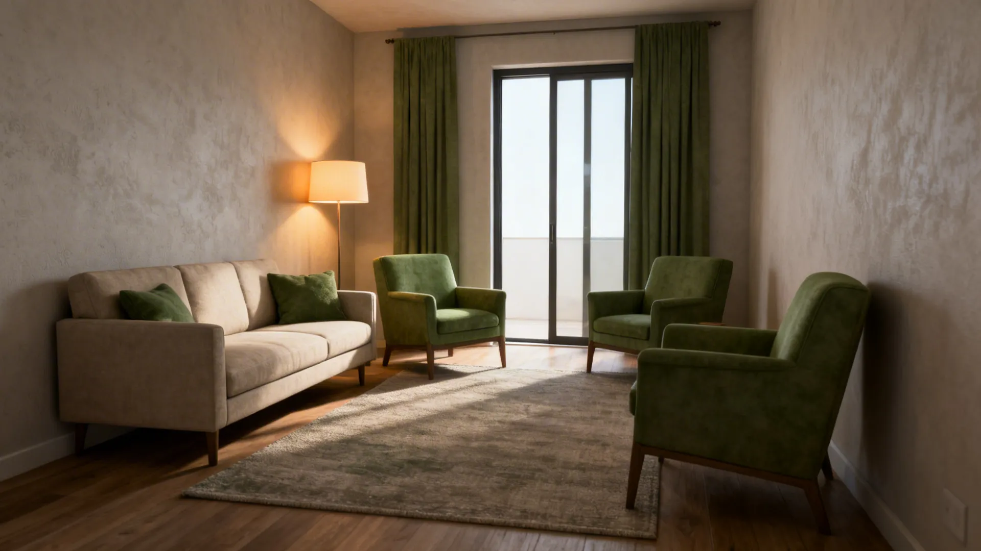 Living room featuring beige sofa, three green armchairs, large rug, green curtains, and floor lamp