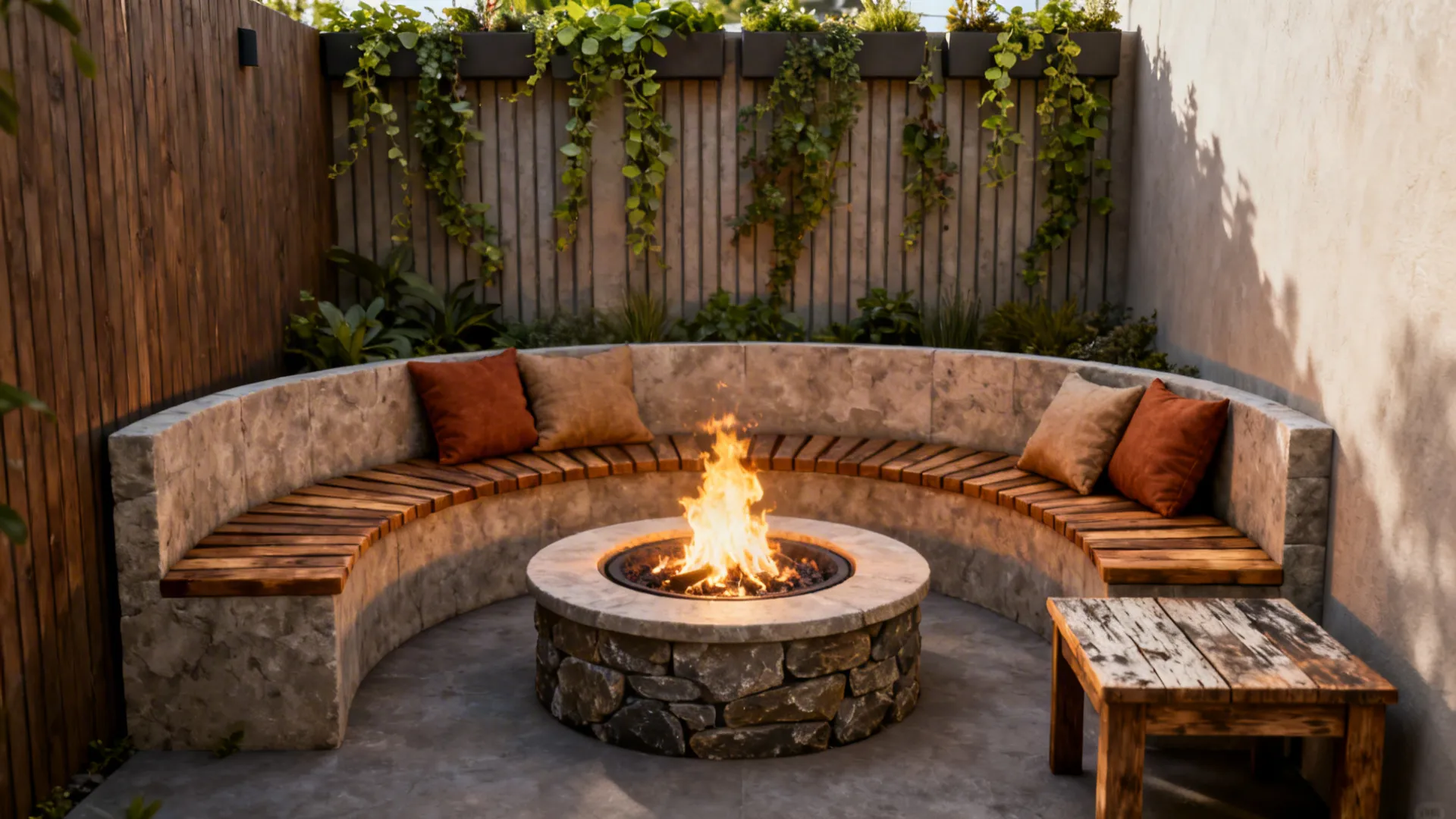 Intimate corner seating with a circular fire pit and curved bench framed by vertical planters.
