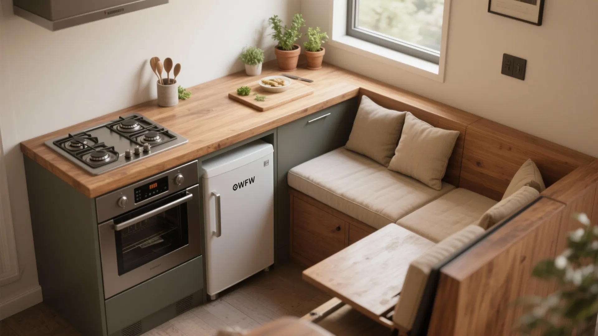 3. Corner cooking station that doubles as a seating nook