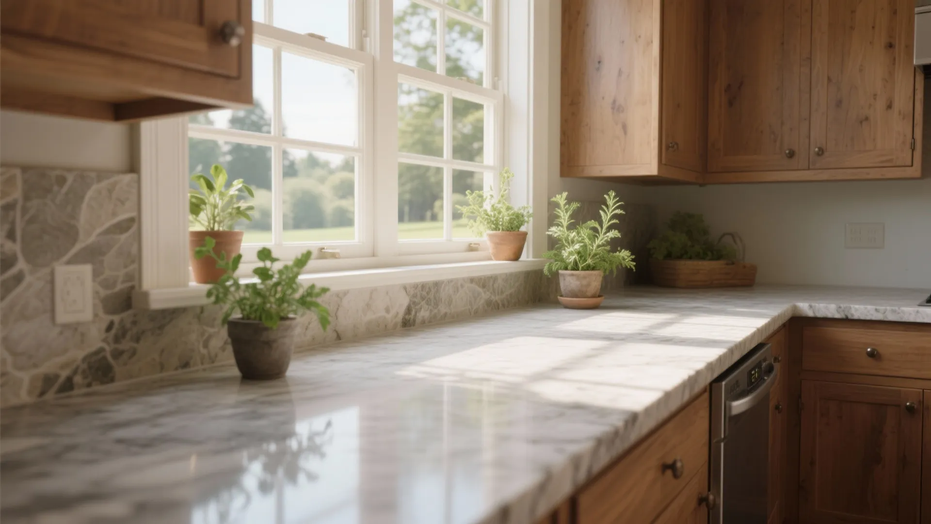 Kitchen countertop seamlessly extending under a sunny corner window