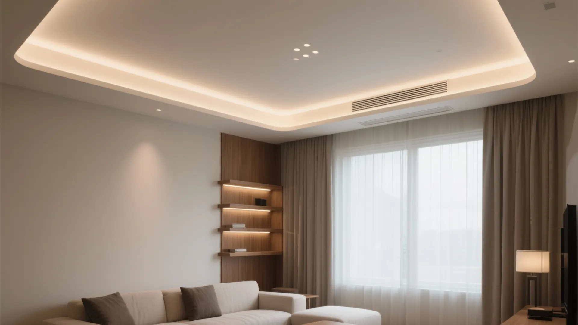 Floating cove in the corner with LED strip (slot or crown)