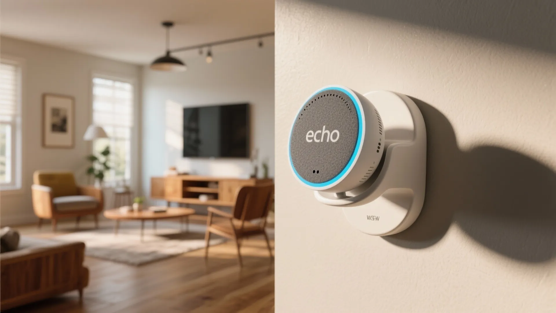 Corner cradle mount with an angled face holding an Echo Dot pointing toward the center of an open-plan room.
