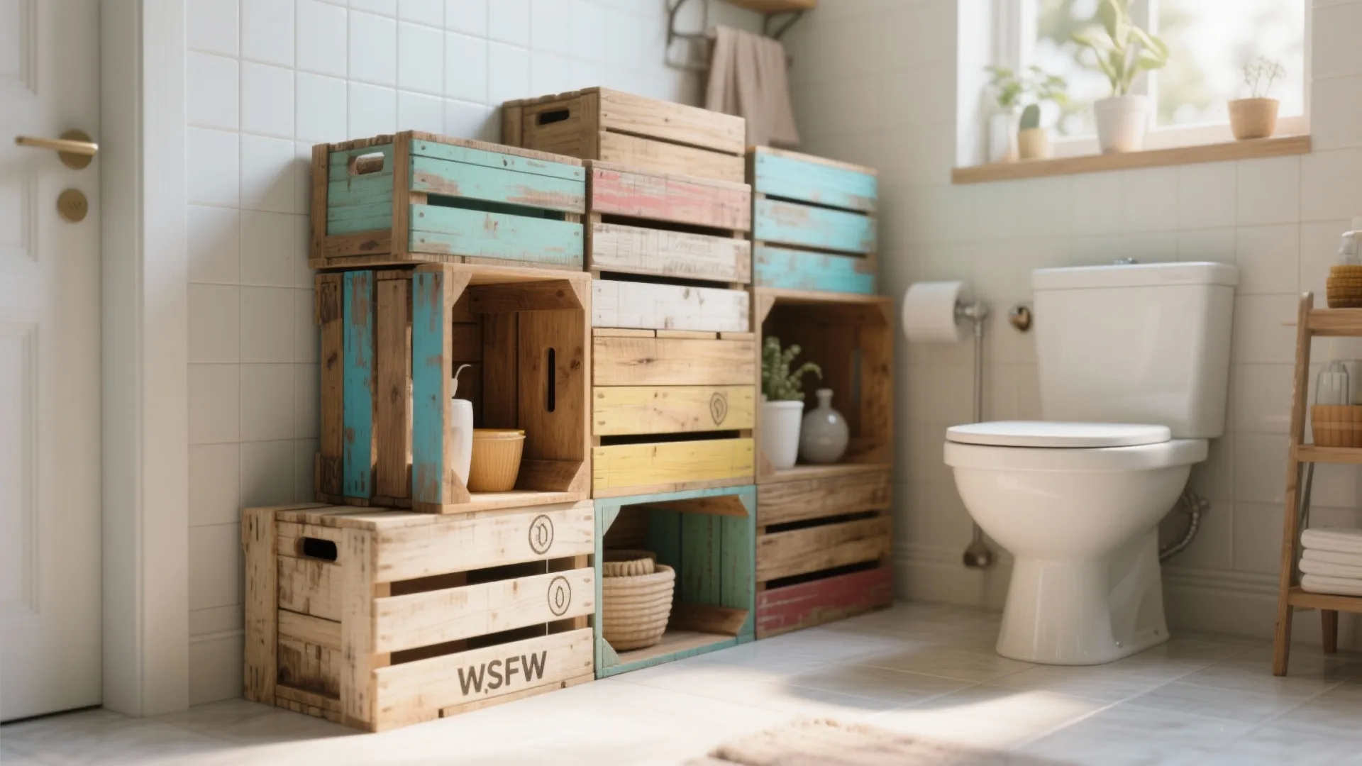 Bright bathroom with stacked colorful wooden crates used for storage next to a white toilet