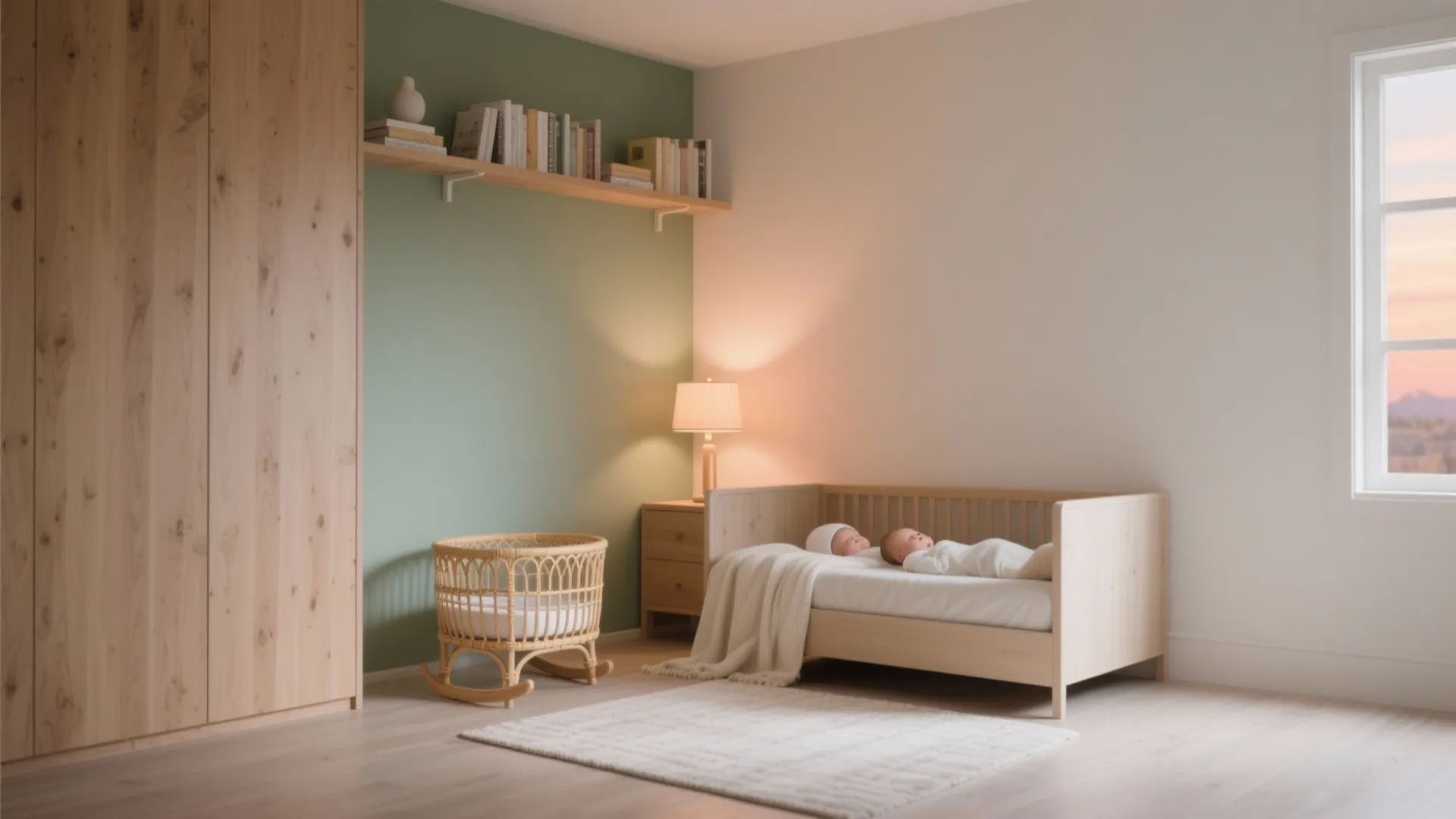 Minimalist nursery room with a wooden bed and small rocker near a green feature wall