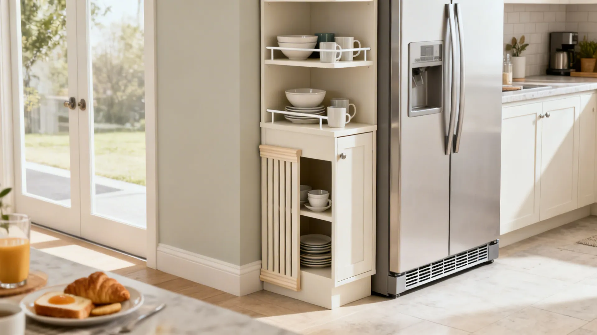 Compact corner crockery nook with open shelves and rail next to a fridge end panel.