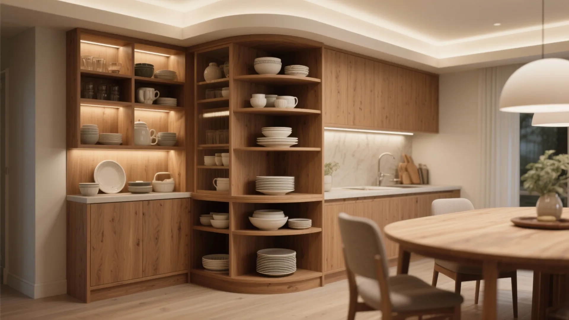 Wooden kitchen corner cabinet with curved shelves holding dishes near a dining table and chairs