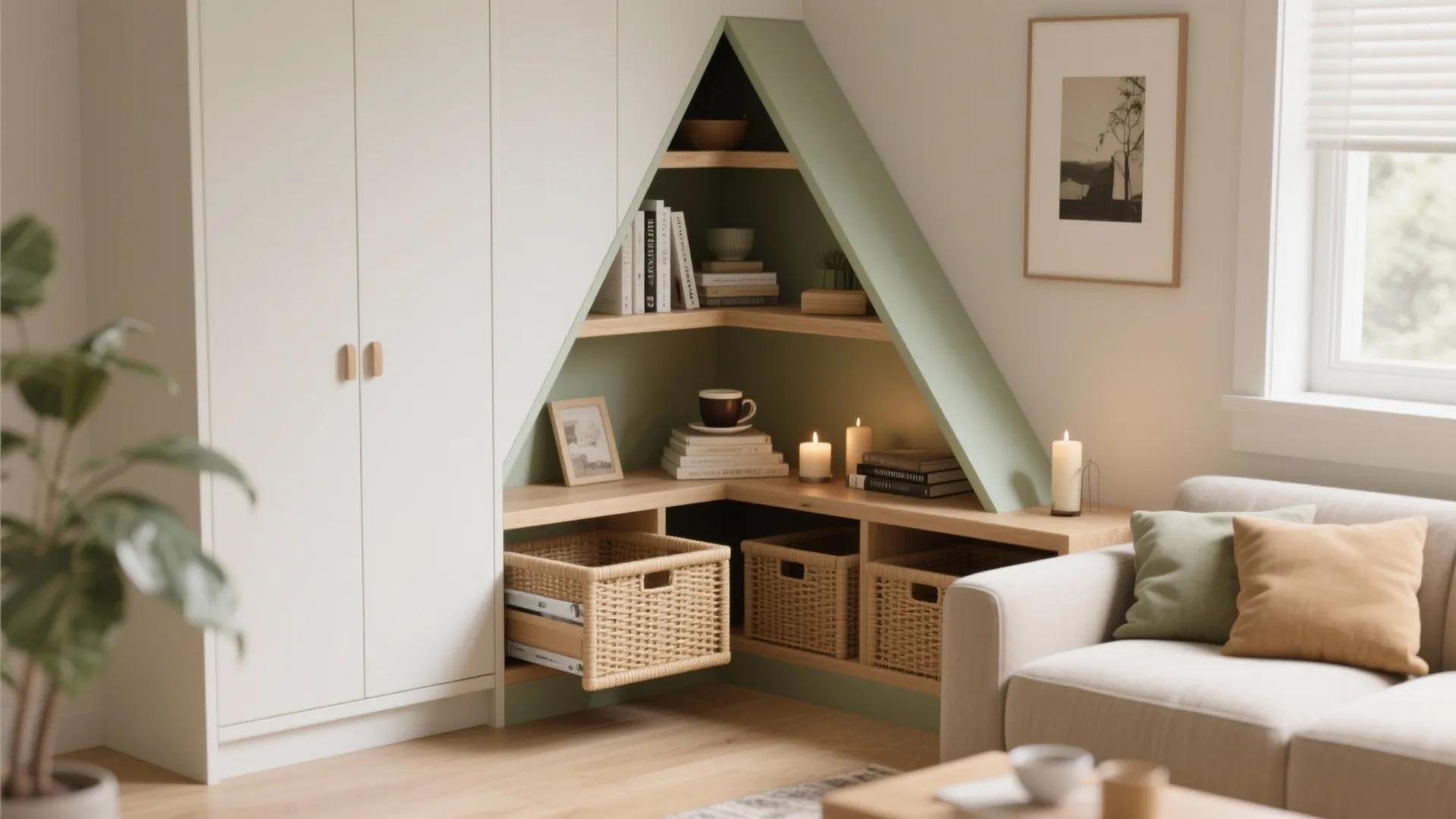 Triangle shaped corner wall shelves with books candles and woven storage baskets in a living room