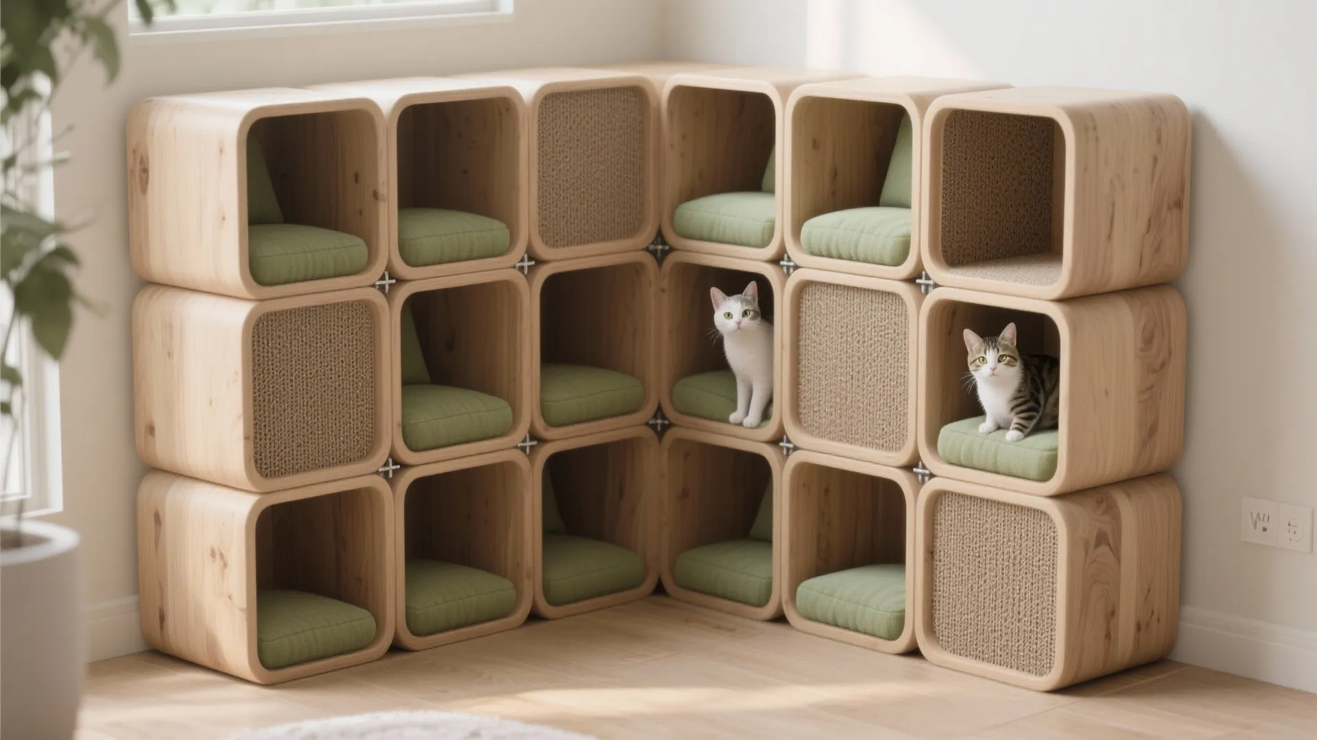 Corner stack of modular cubes with cushioned interiors and sisal panels, anchored to the wall and housing kittens.