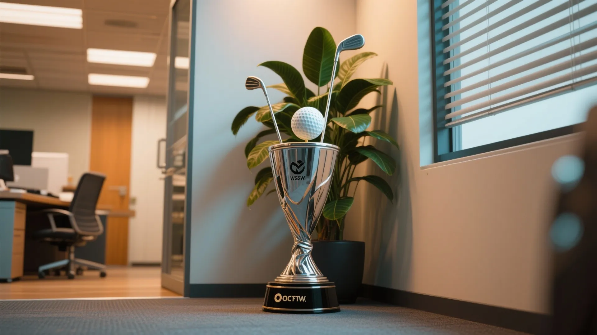 Silver golf trophy with ball and clubs in a modern office corner with green plant