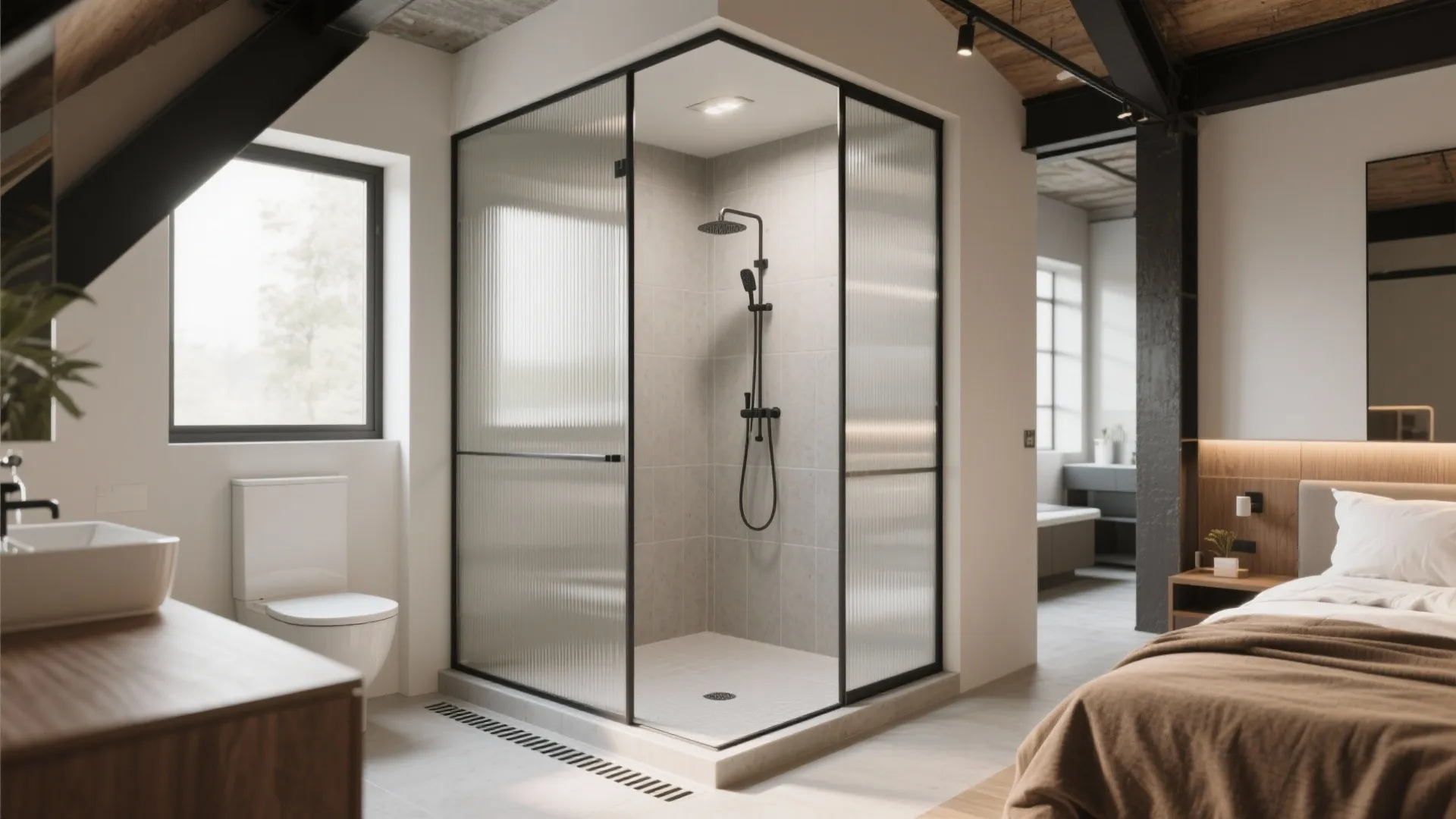 Modern bedroom featuring glass shower with black fixtures white toilet and a large brown bed