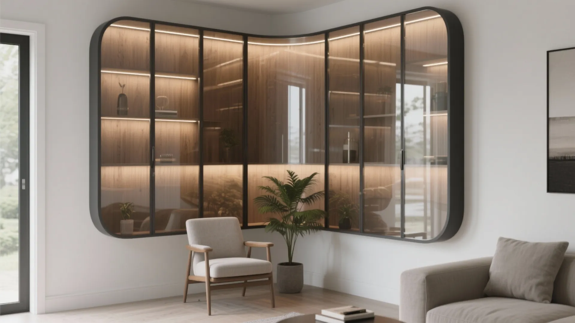 Modern curved glass cabinet with interior light fixture beside an armchair and a green plant