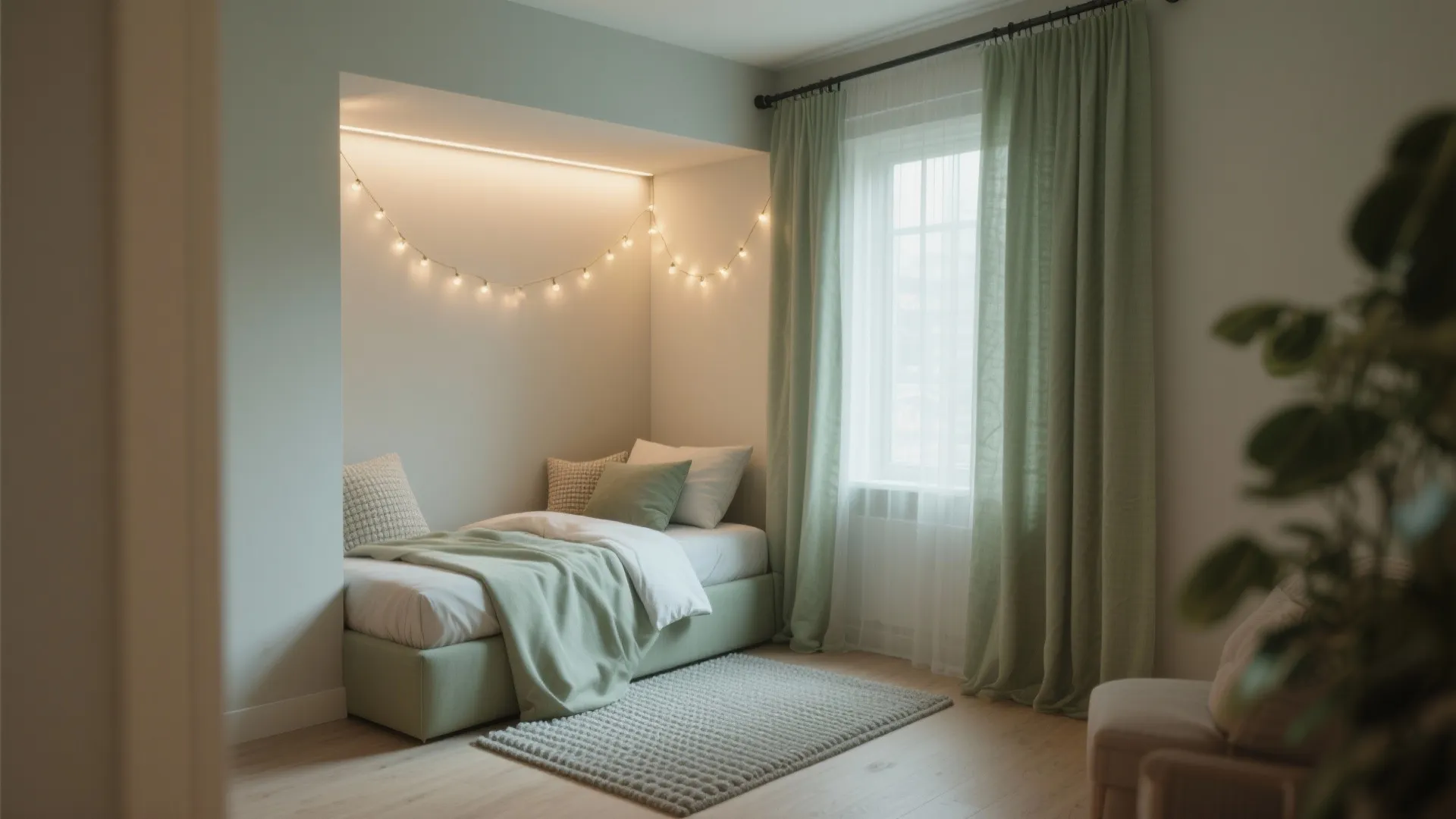 4. Corner Bed Nook with Curtains