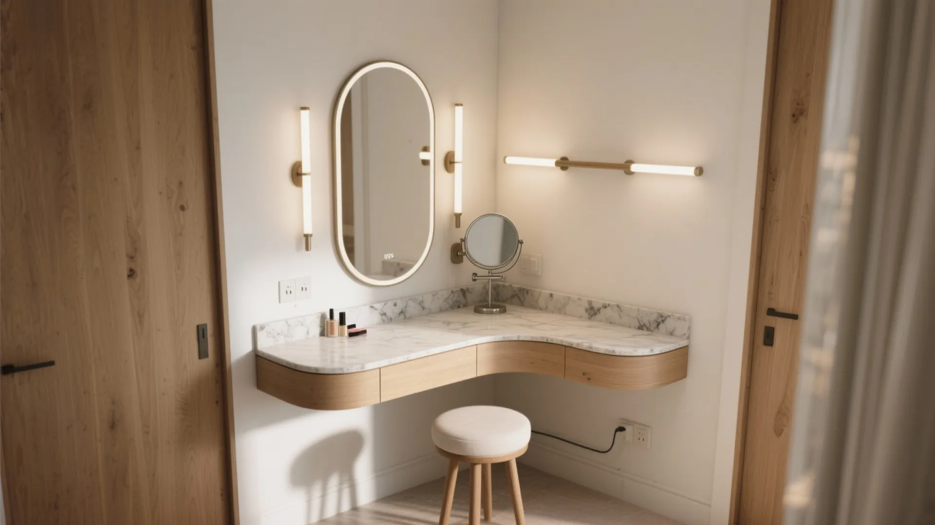 Corner makeup vanity featuring curved marble top oval mirror small round stool and wall lights