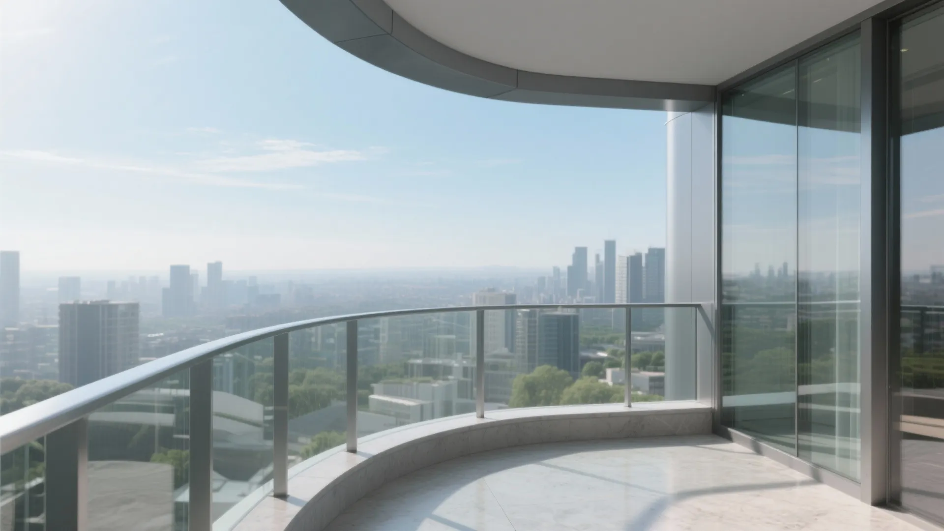 High rise balcony with curved glass railing overlooking a city skyline and green forest area