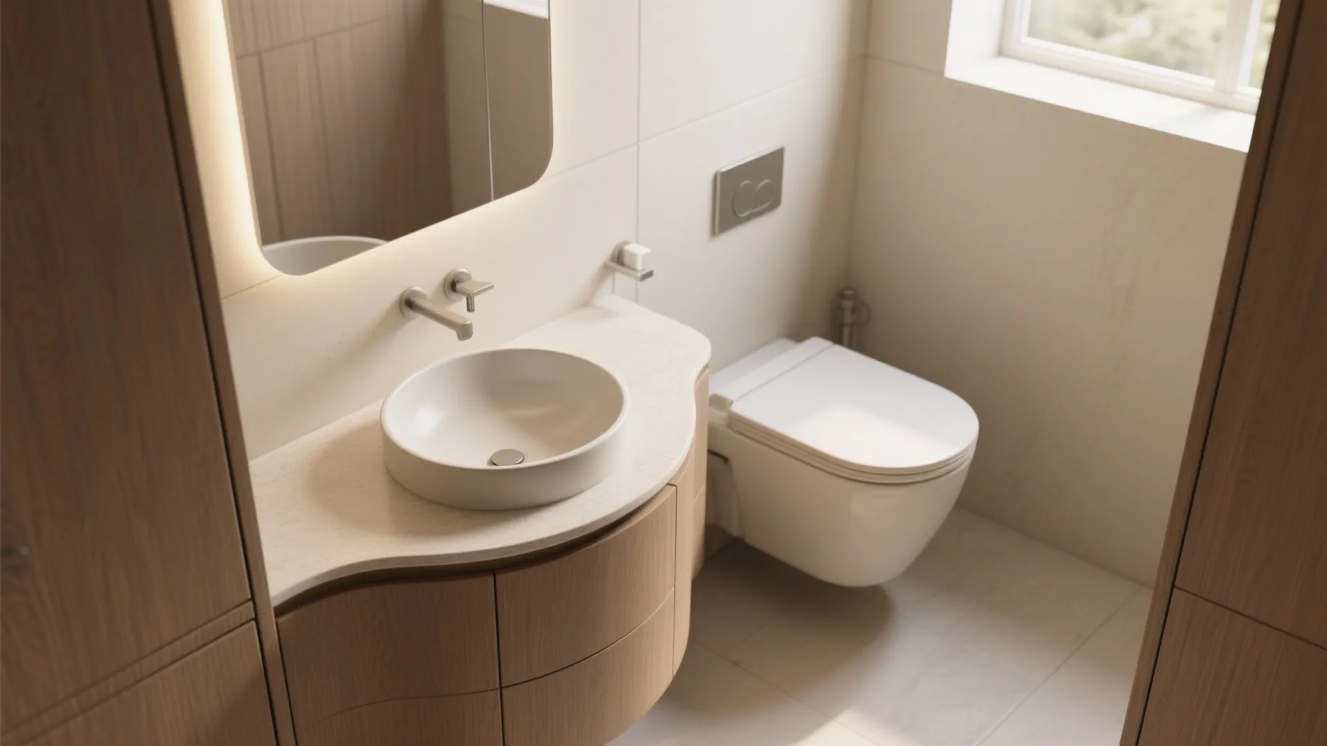 3. Corner Vanity + Curved Fixtures