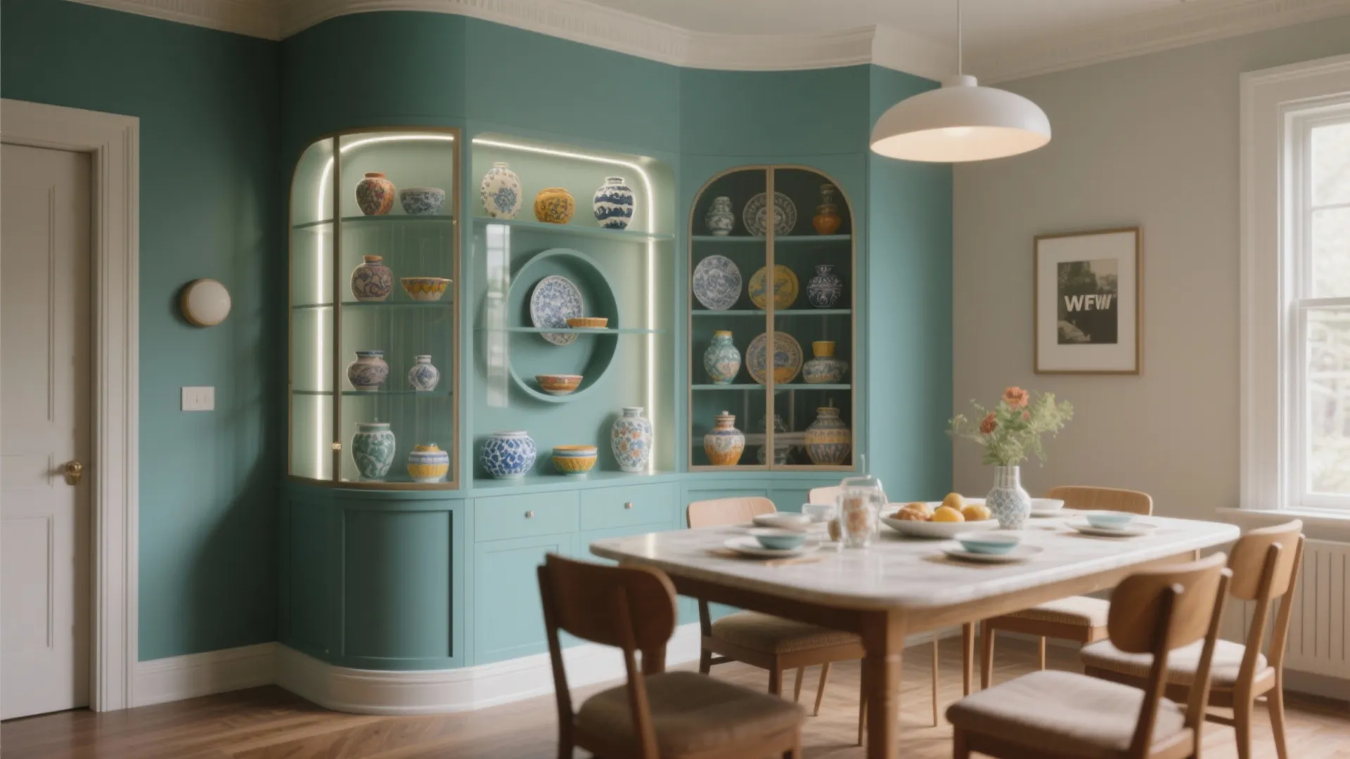 Dining room with a green corner cabinet displaying colorful plates and a white ceiling light