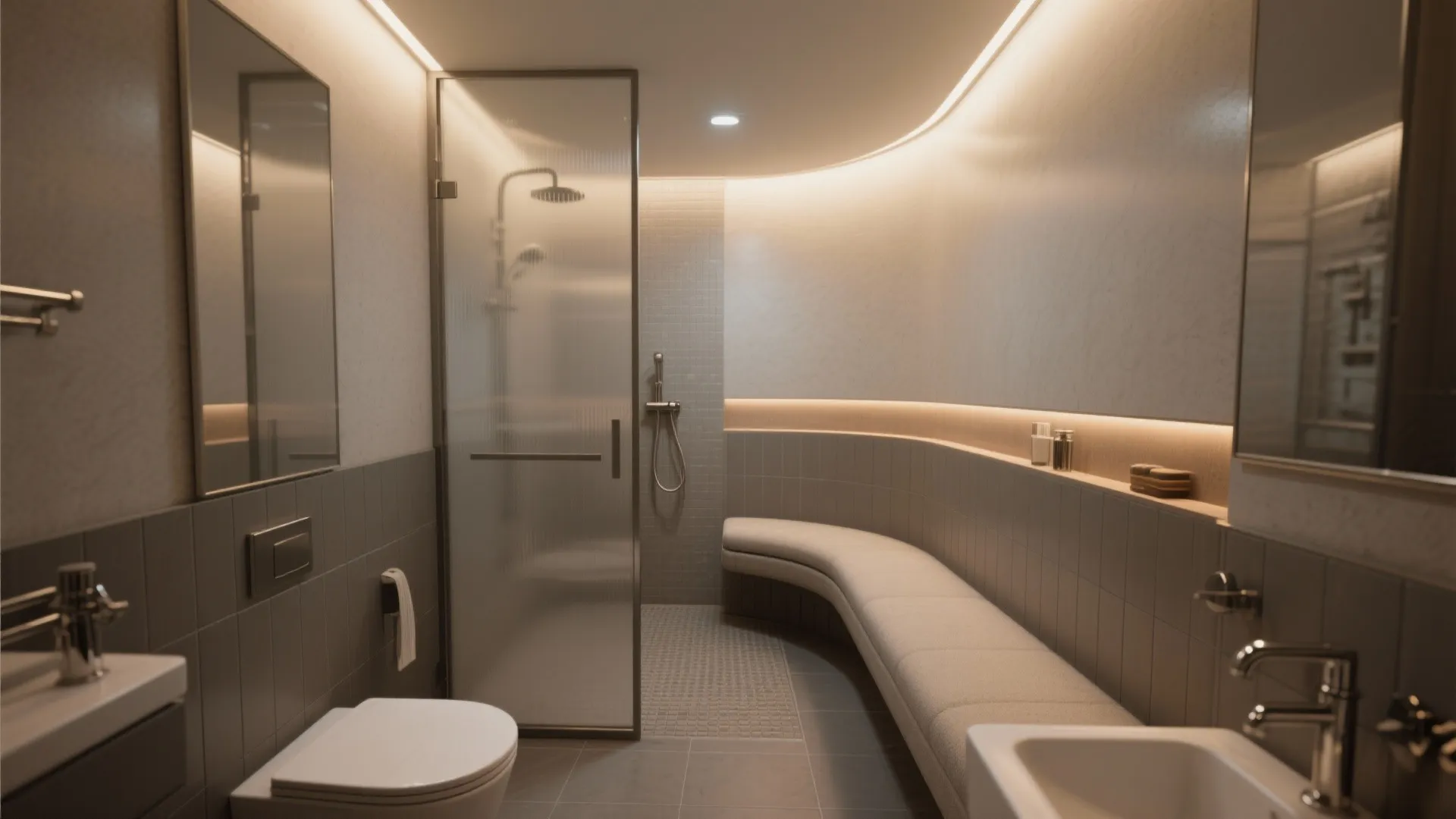 Modern bathroom with a glass shower door curved seating bench warm lighting and grey wall tiles