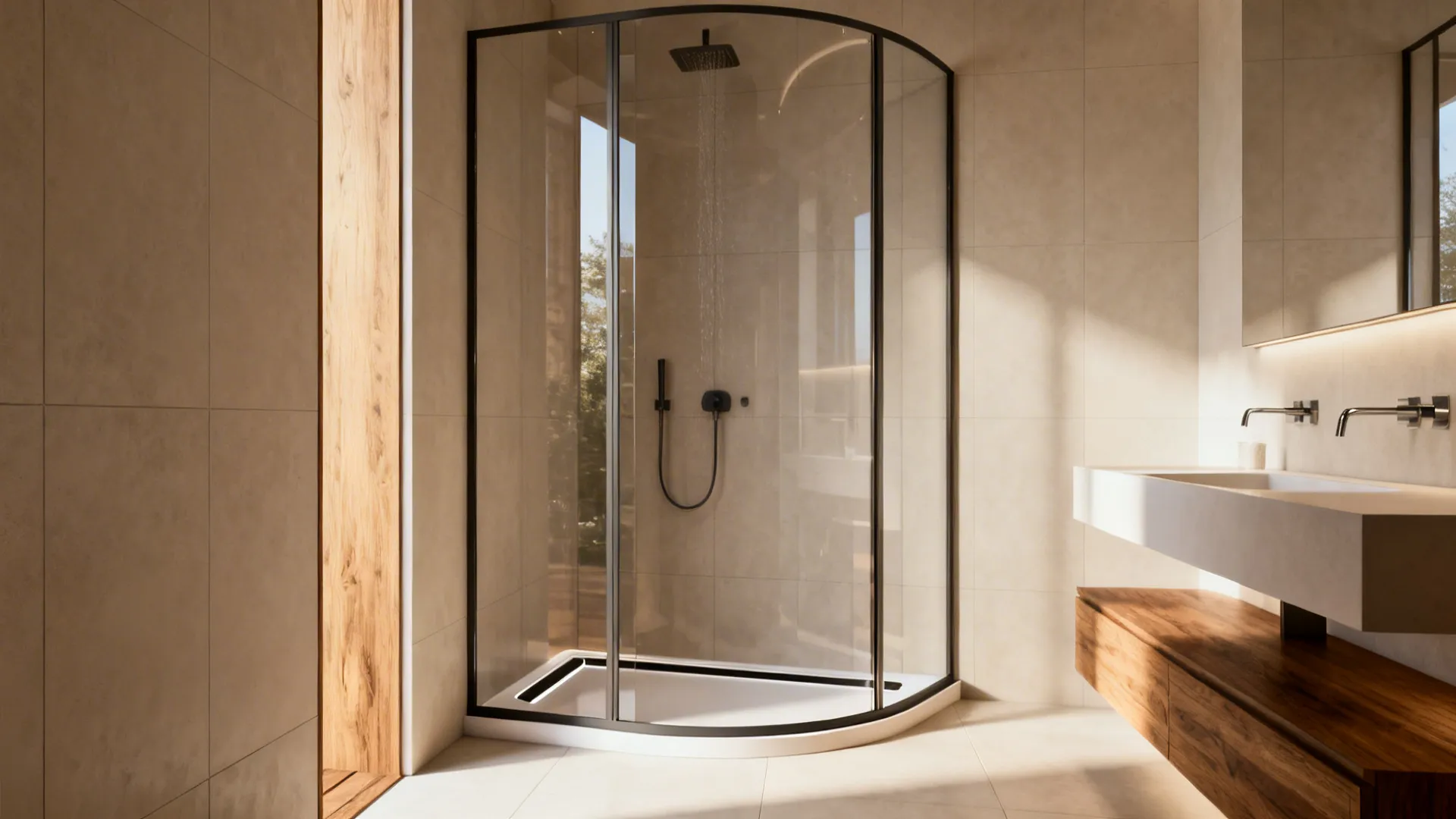 Compact corner walk-in shower with curved glass and slim tray preserving circulation.