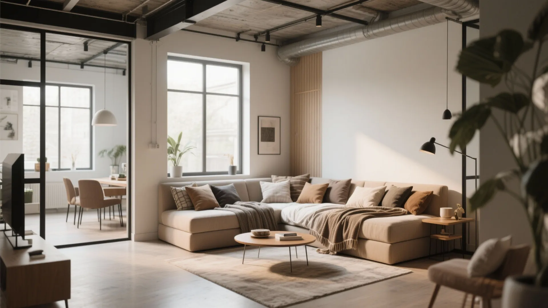 Modern living room with a large corner sofa round coffee table industrial ceiling and sunlight