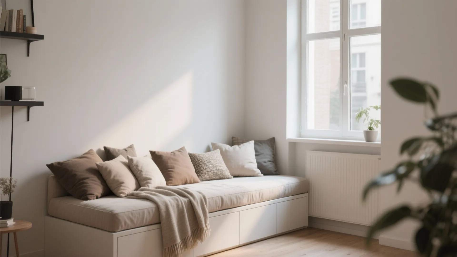 Minimalist white daybed with many brown pillows placed under a window in a sunny room