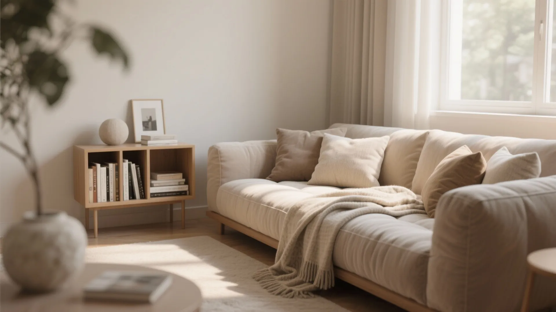 Minimalist living room with beige sofa cozy blanket wooden cabinet books and soft window light