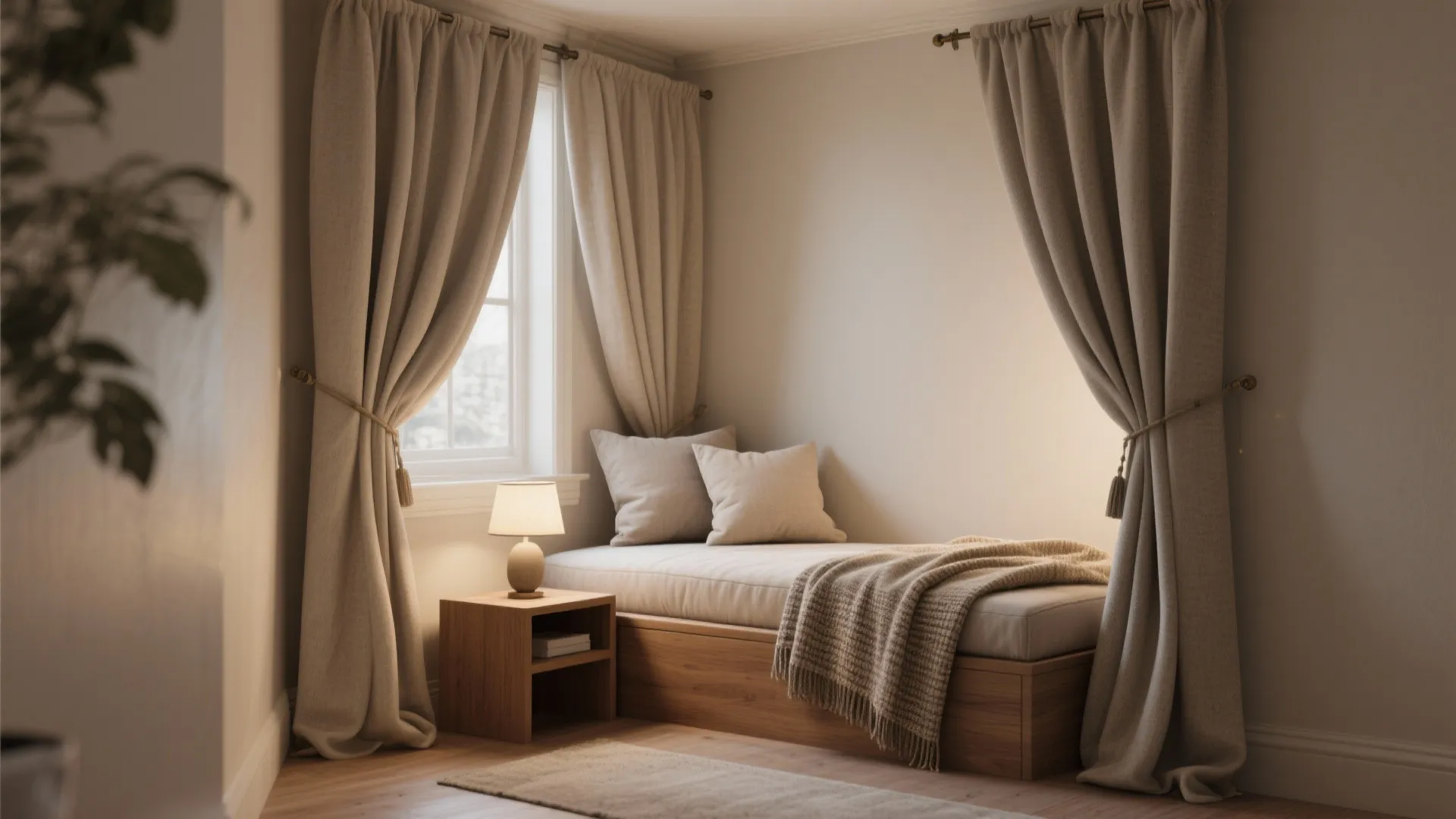 Corner daybed nook with curtains, a lamp, and simple decor creating a private zone in a small room.