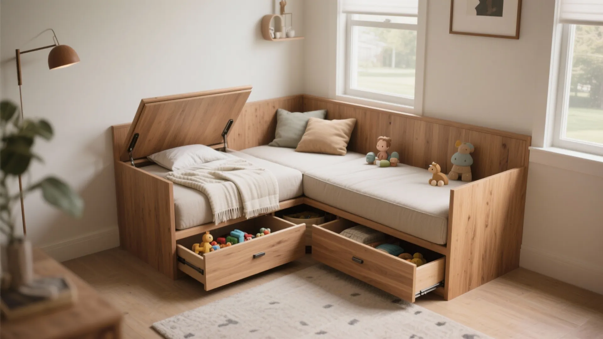Wooden corner daybed with storage drawers for toys plus a lift up section and cushions