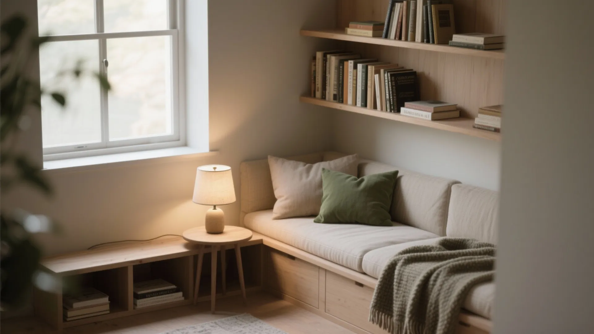 Cozy reading corner with built-in wooden bed, soft pillows, wall shelves, books, and table lamp