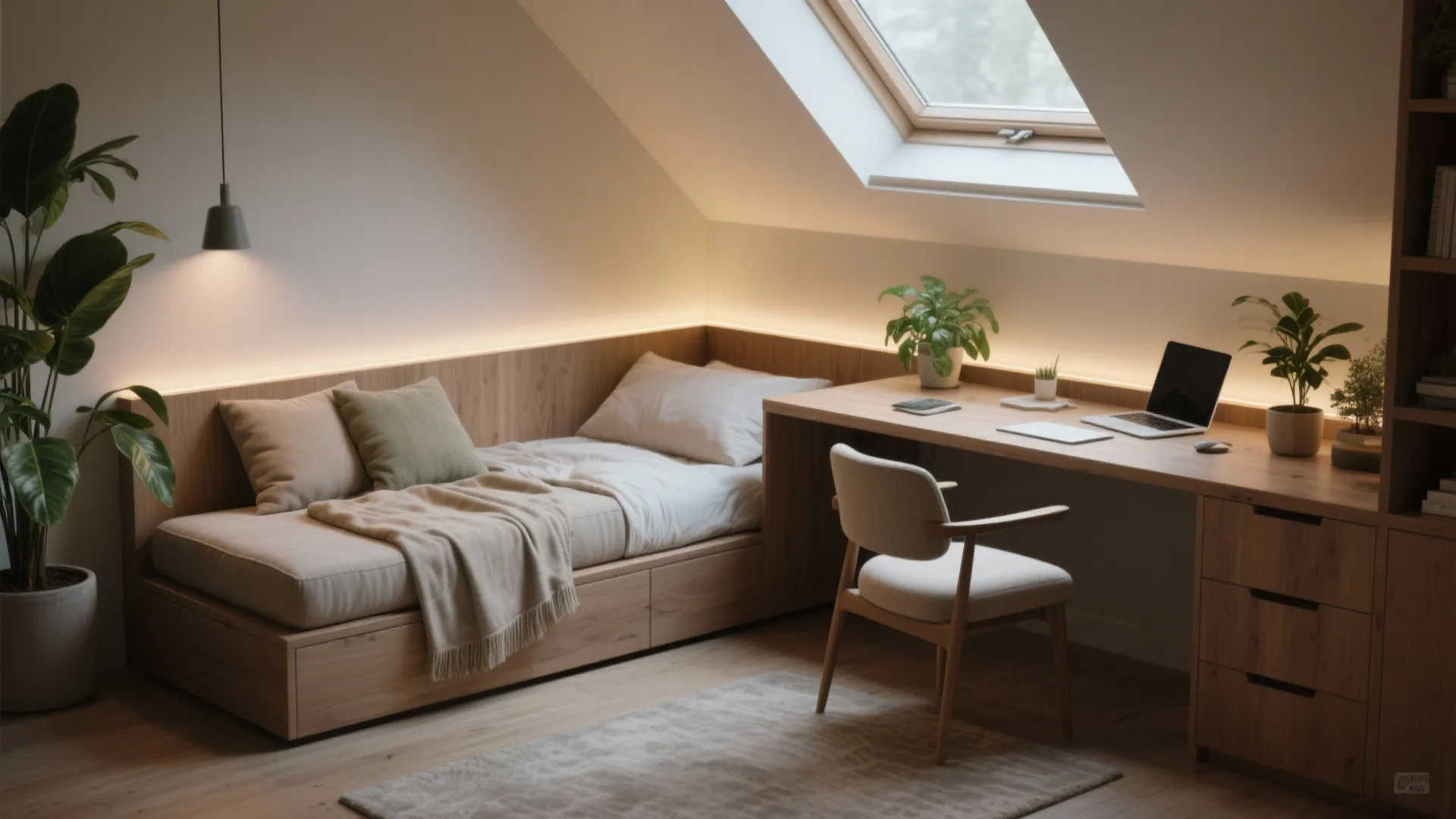 Modern attic room with wooden bed under a roof window and a long study desk