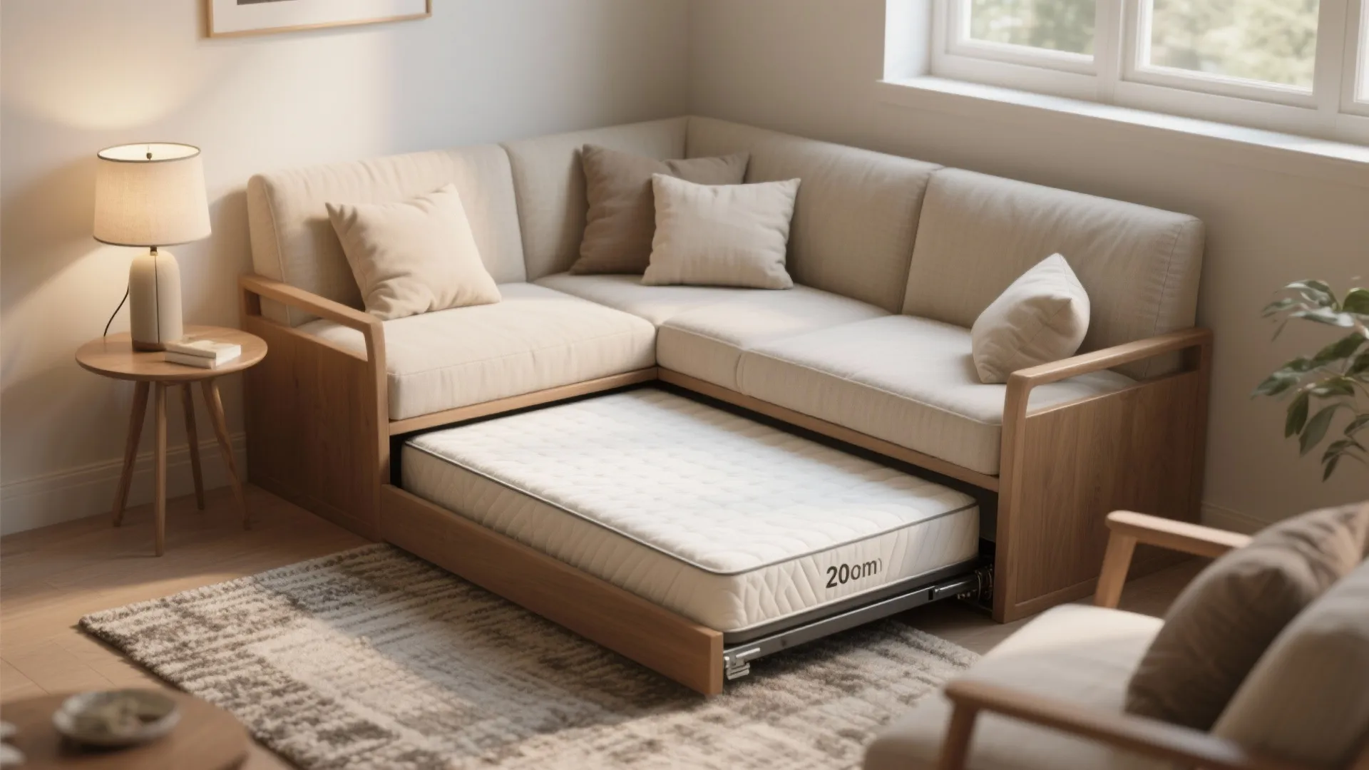 Corner sofa with wooden frame and pull out bed mattress on the floor area rug.